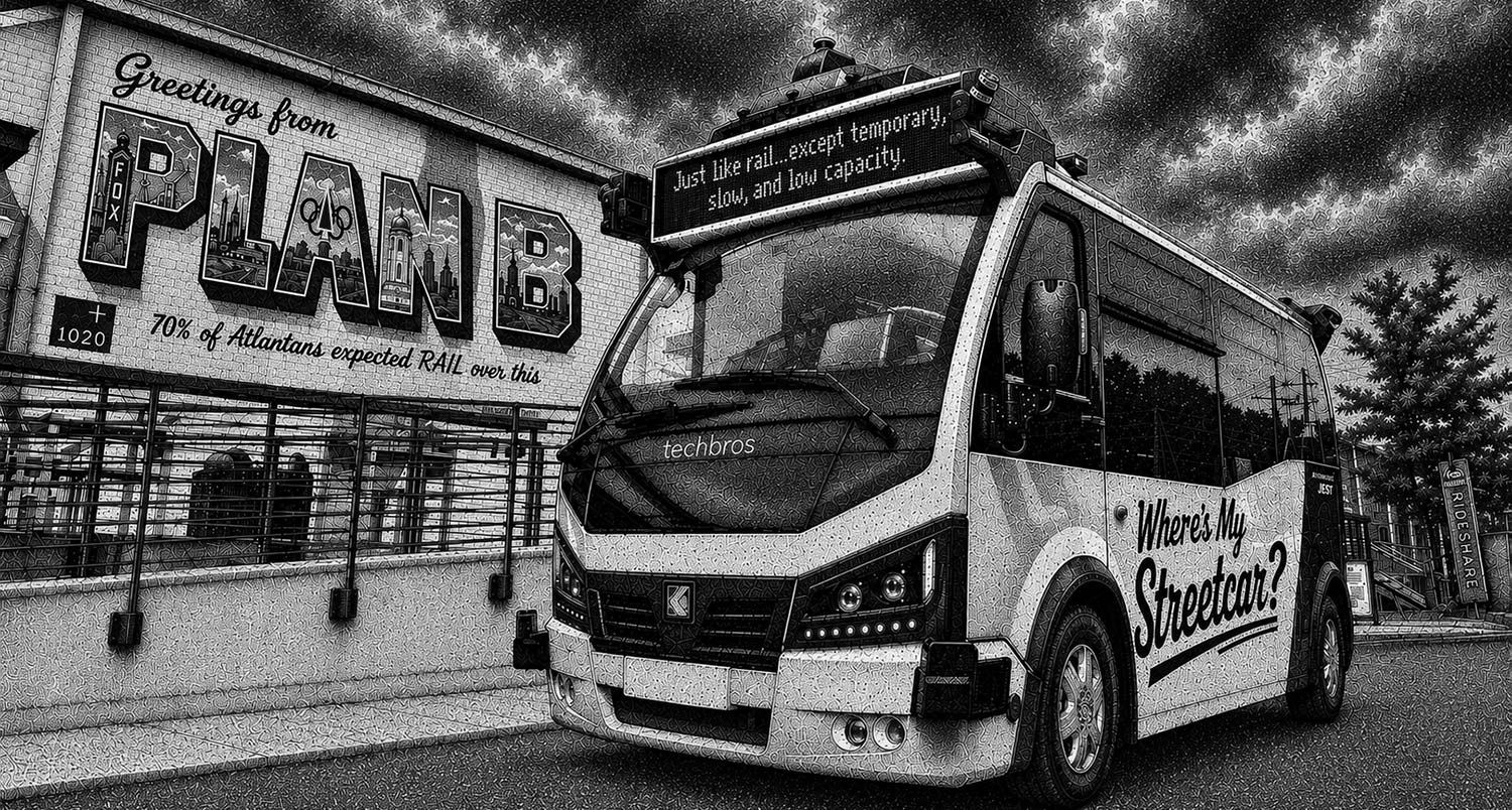 Photo-illustration: a stylized autonomous shuttle with satirical signage reading “Greetings from Plan B.”